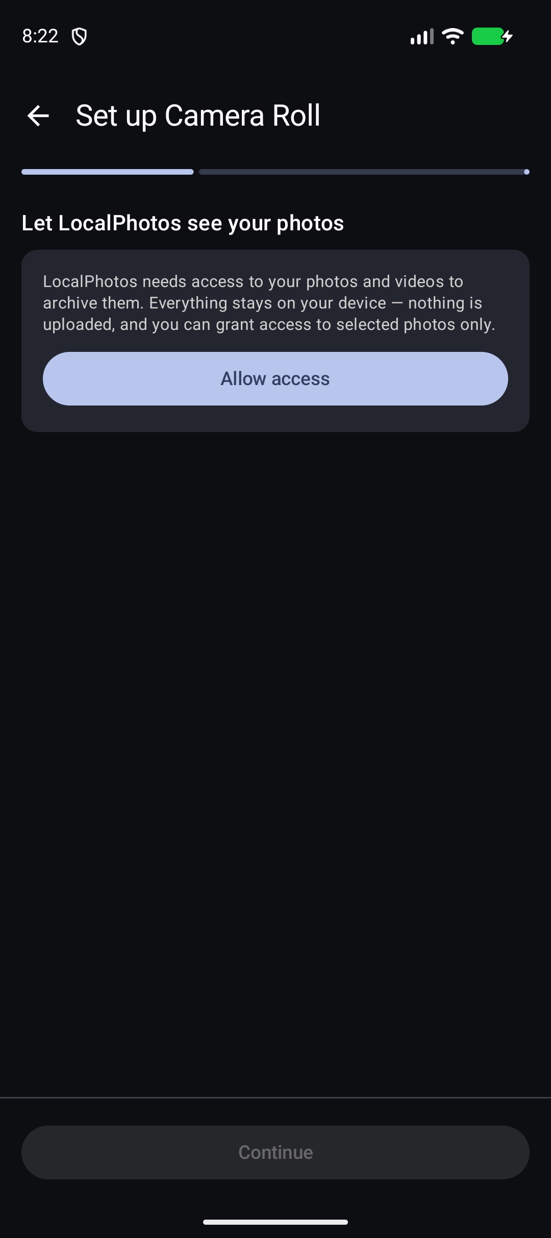 Camera Roll setup explaining private photo access in the current Android test build