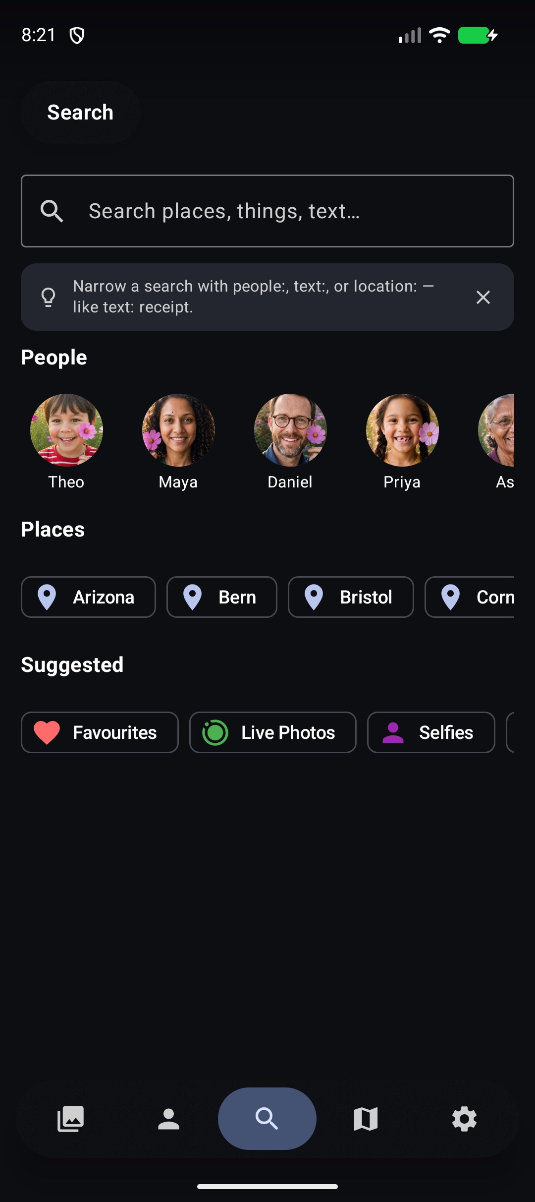 Search suggestions in the current LocalPhotos Companion test build on Android