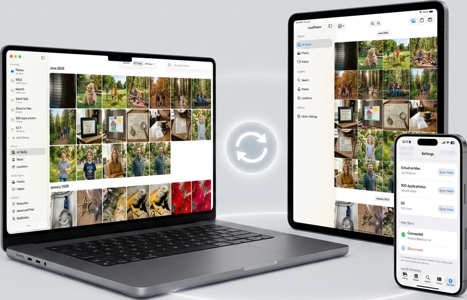 LocalPhotos ecosystem with Mac, iPad, and iPhone syncing