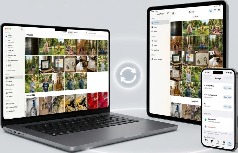LocalPhotos ecosystem with Mac, iPad, and iPhone syncing