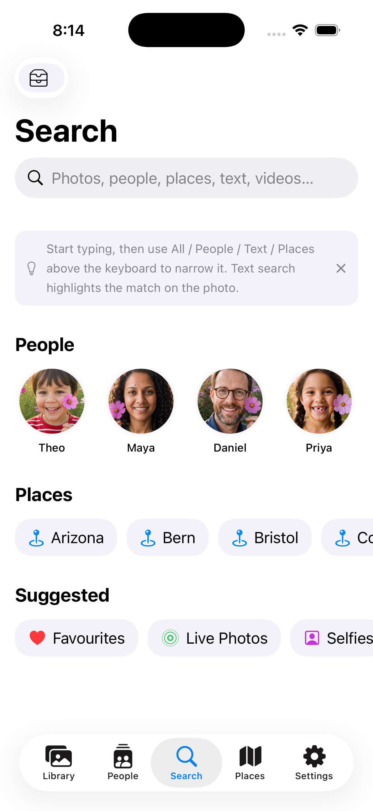Search suggestions in the current LocalPhotos Companion test build on iPhone