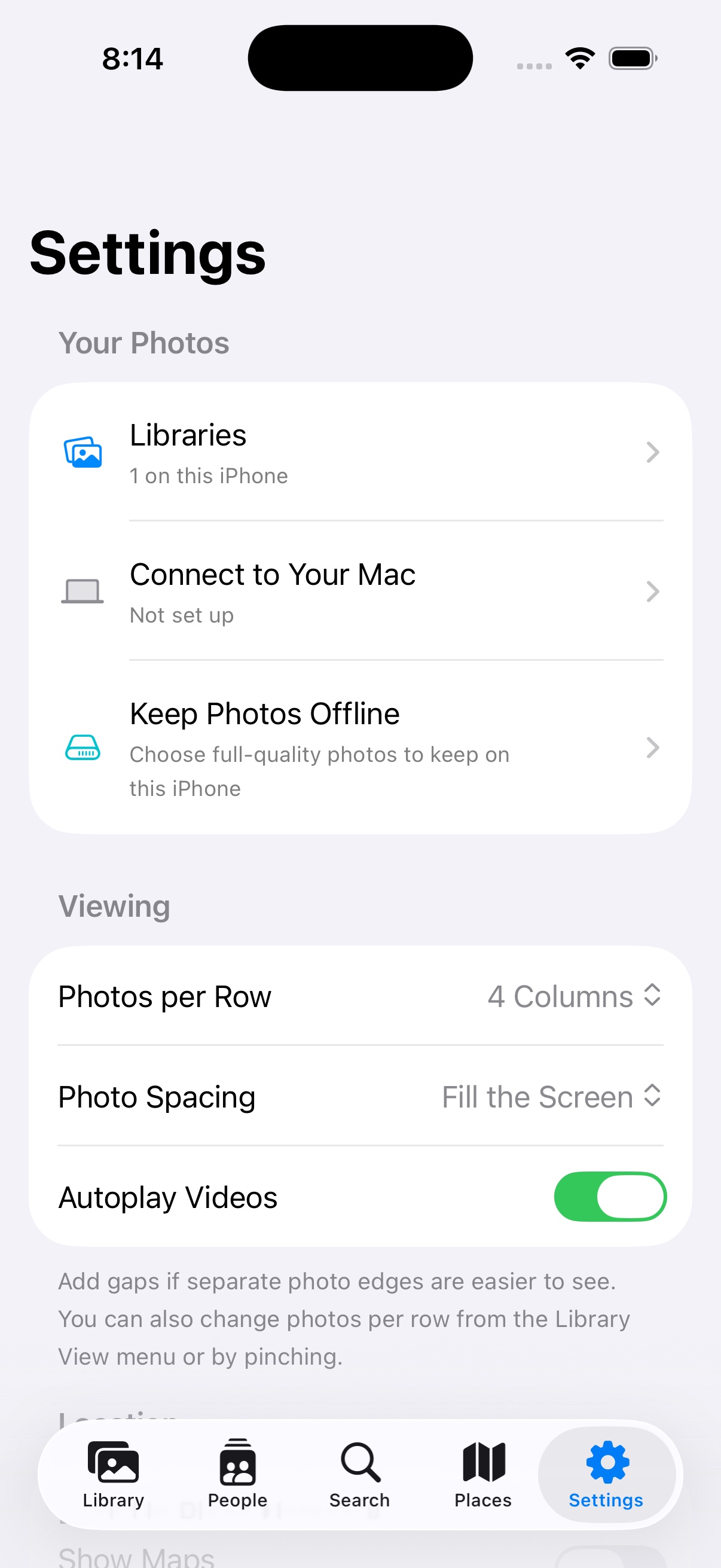 Libraries entry in LocalPhotos Companion settings on iPhone