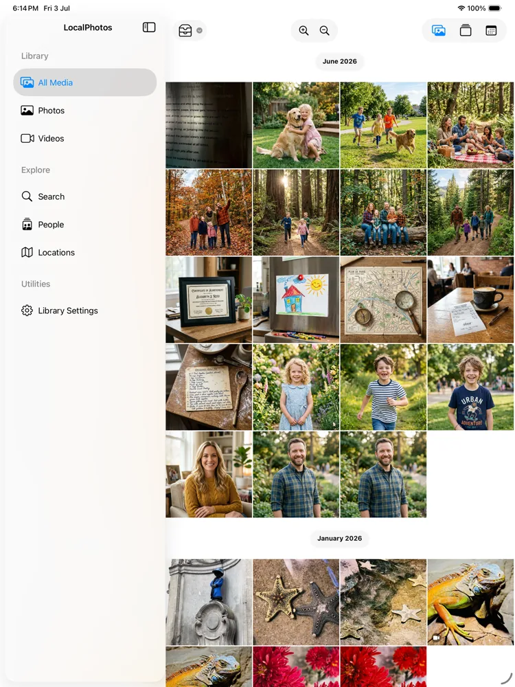 LocalPhotos Companion browsing a private photo library on iPad