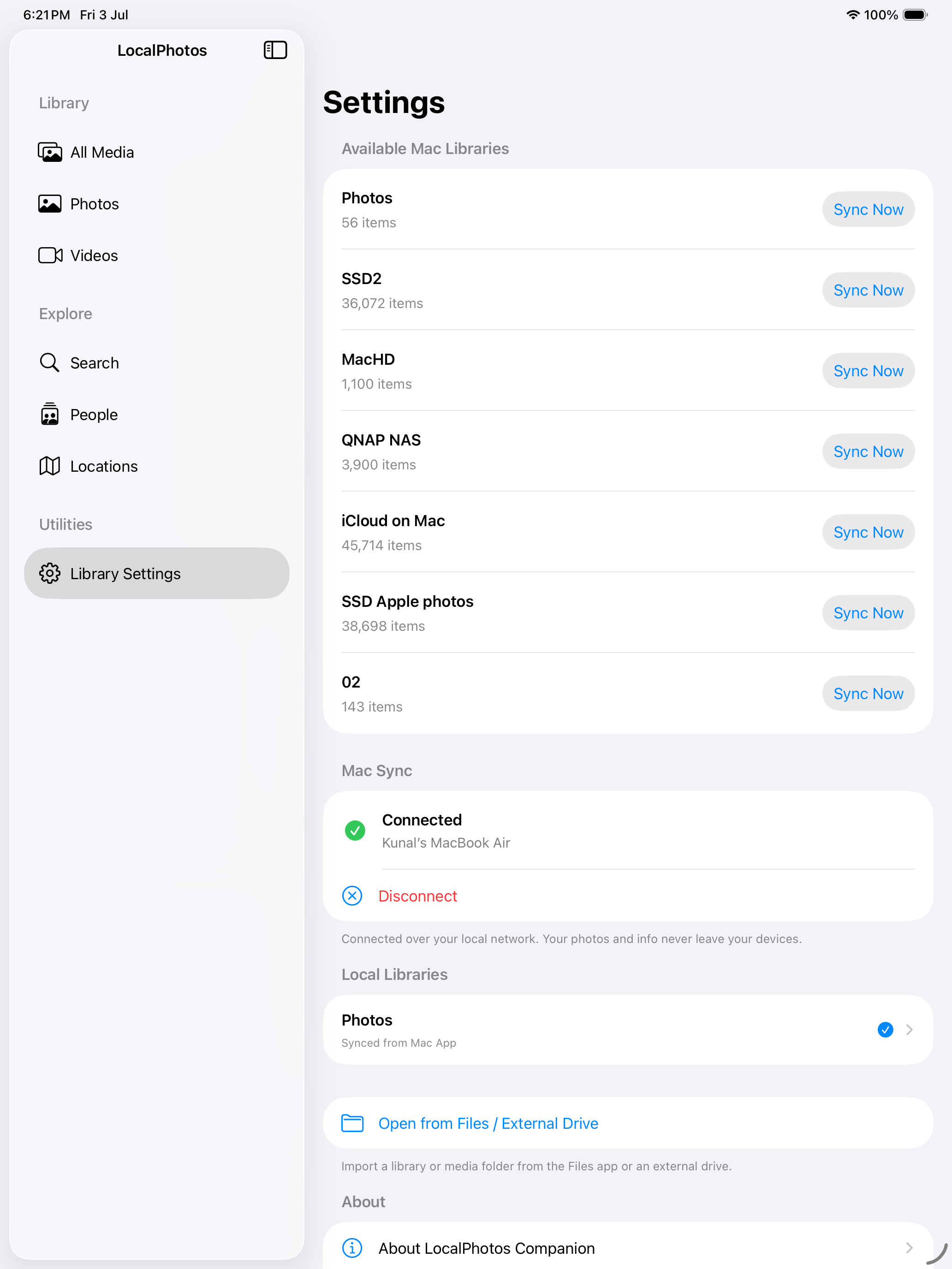 Pairing and sync settings on iPad