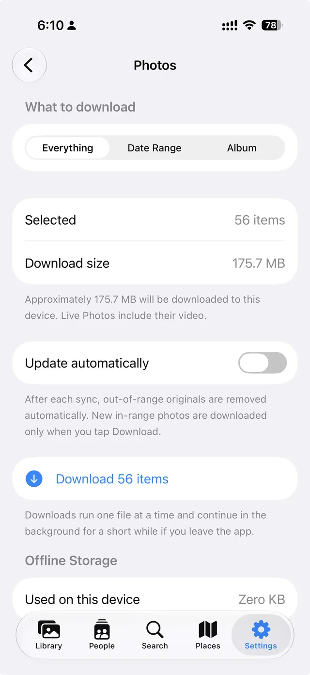 Downloading originals for offline on iPhone