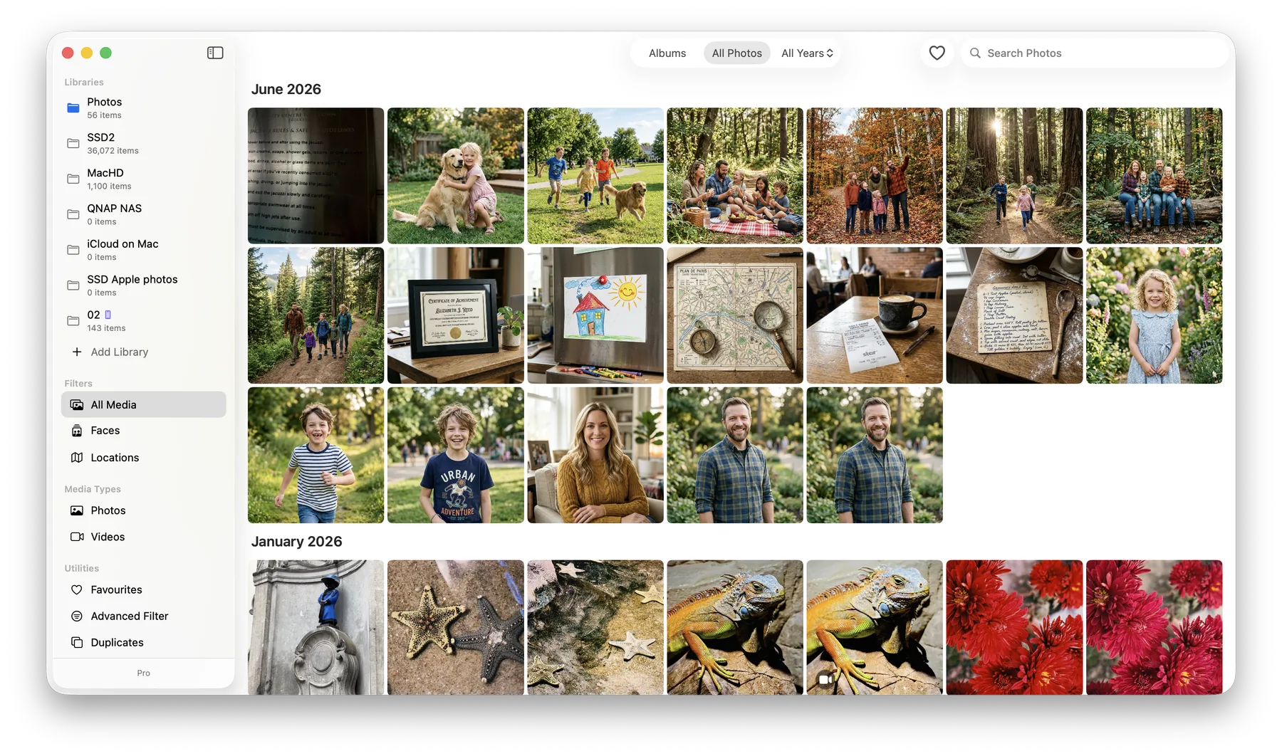 LocalPhotos on a Mac showing a photo library organized by month, with libraries, faces, locations, and duplicates in the sidebar
