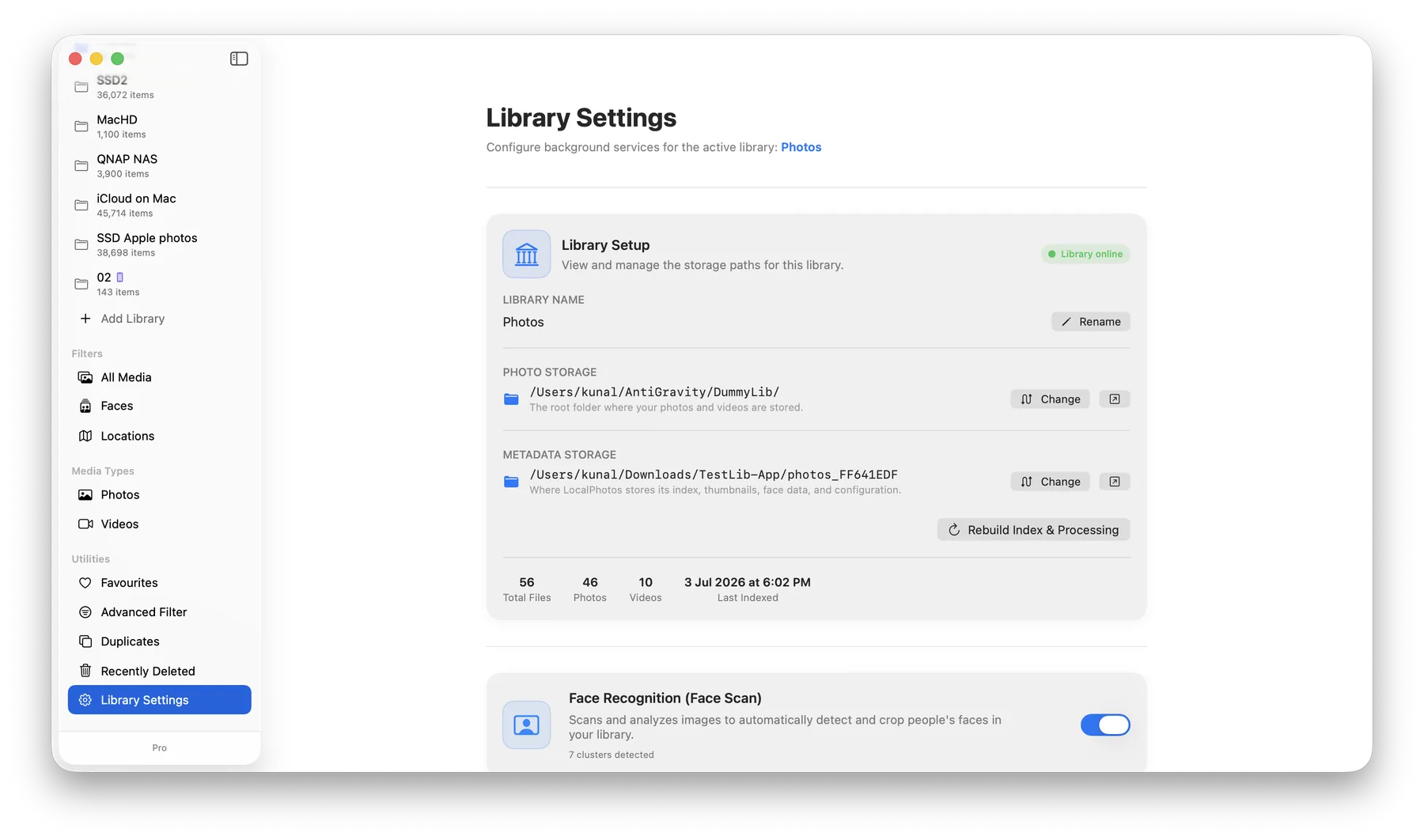 Library settings in LocalPhotos — multiple portable libraries