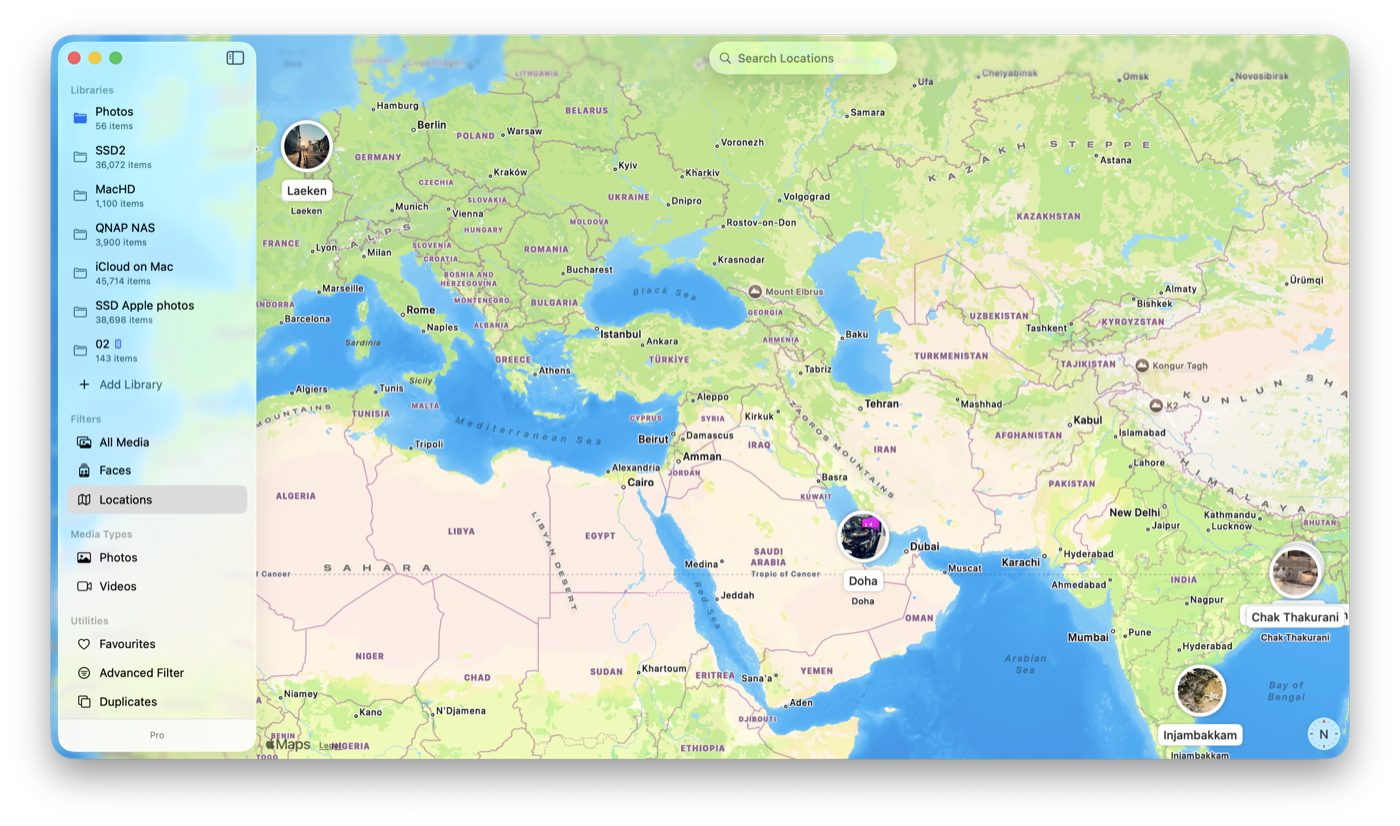 Locations view in LocalPhotos — browse and search photos by place