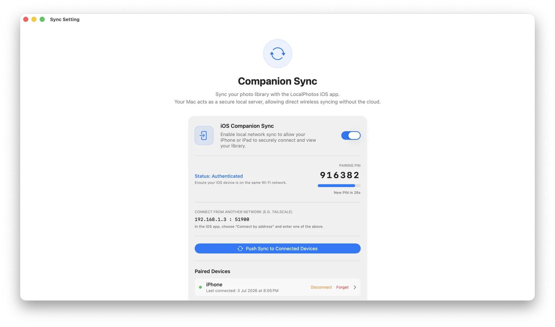Companion Sync settings in LocalPhotos on the Mac, showing encrypted PIN pairing and a paired iPhone